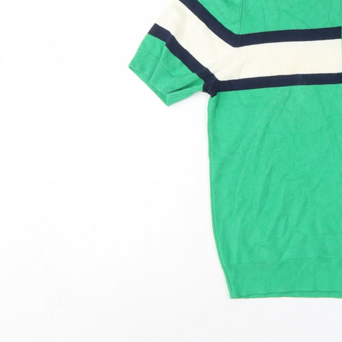Marks & Spencer Women Green M Striped Knit Short Sleeve Polo Top