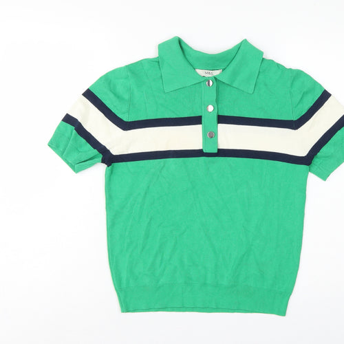 Marks & Spencer Women Green M Striped Knit Short Sleeve Polo Top