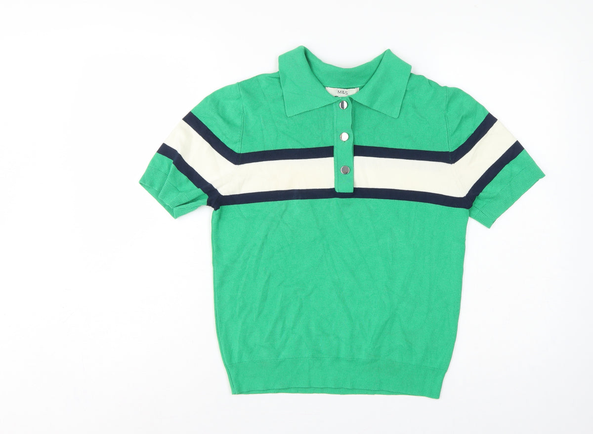 Marks & Spencer Women Green M Striped Knit Short Sleeve Polo Top