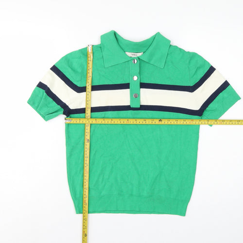 Marks & Spencer Women Green M Striped Knit Short Sleeve Polo Top