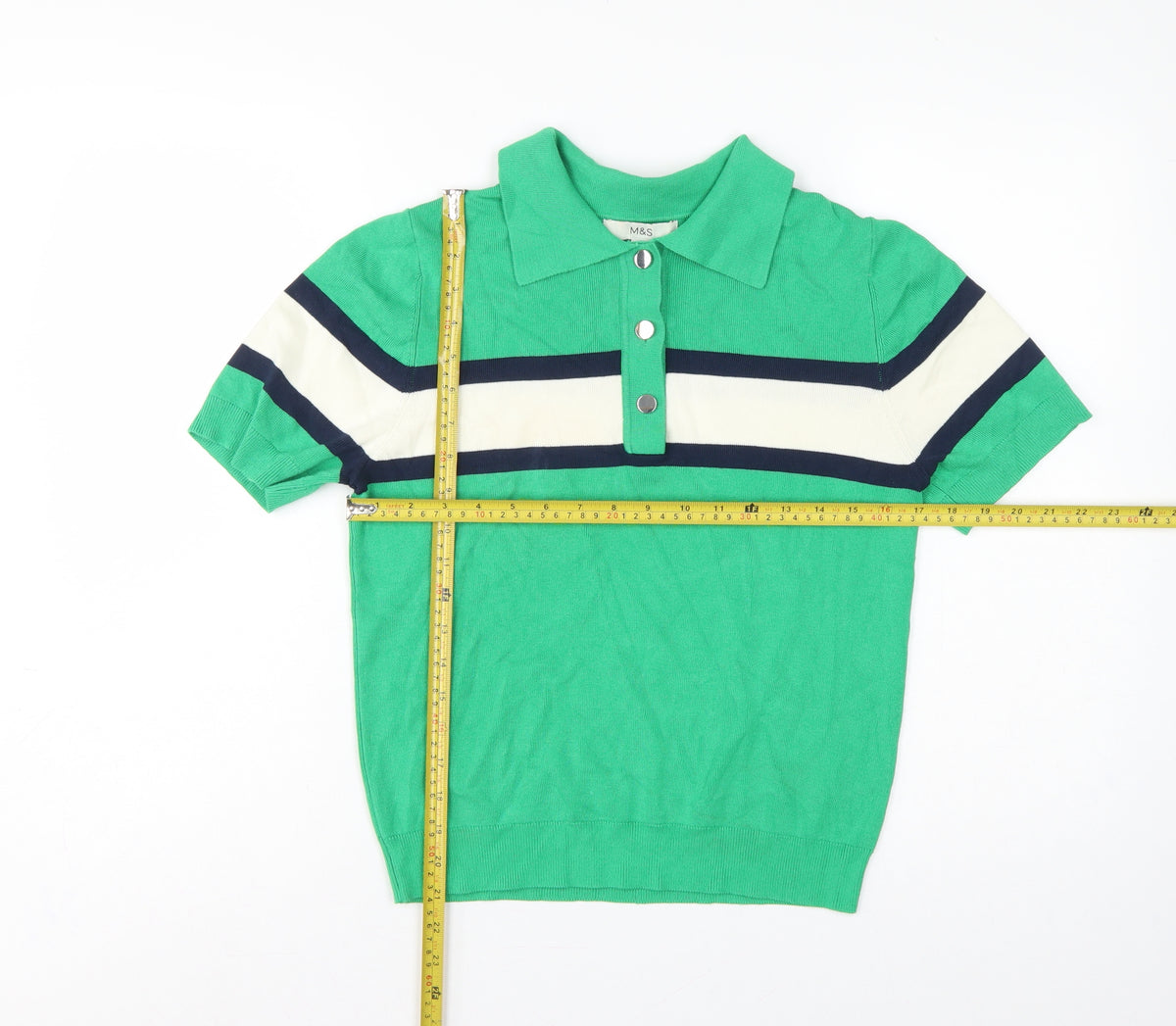 Marks & Spencer Women Green M Striped Knit Short Sleeve Polo Top
