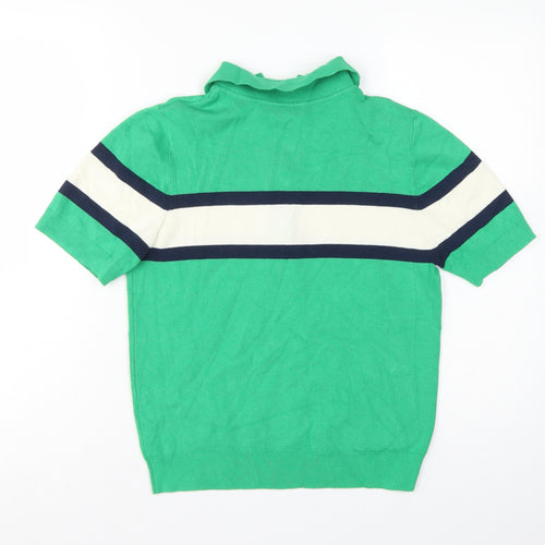 Marks & Spencer Women Green M Striped Knit Short Sleeve Polo Top