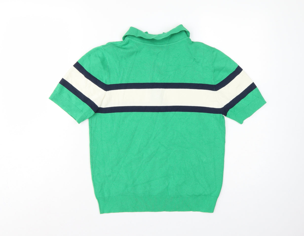 Marks & Spencer Women Green M Striped Knit Short Sleeve Polo Top