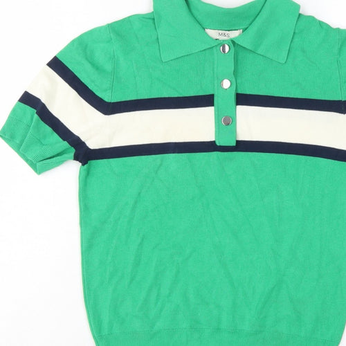 Marks & Spencer Women Green M Striped Knit Short Sleeve Polo Top
