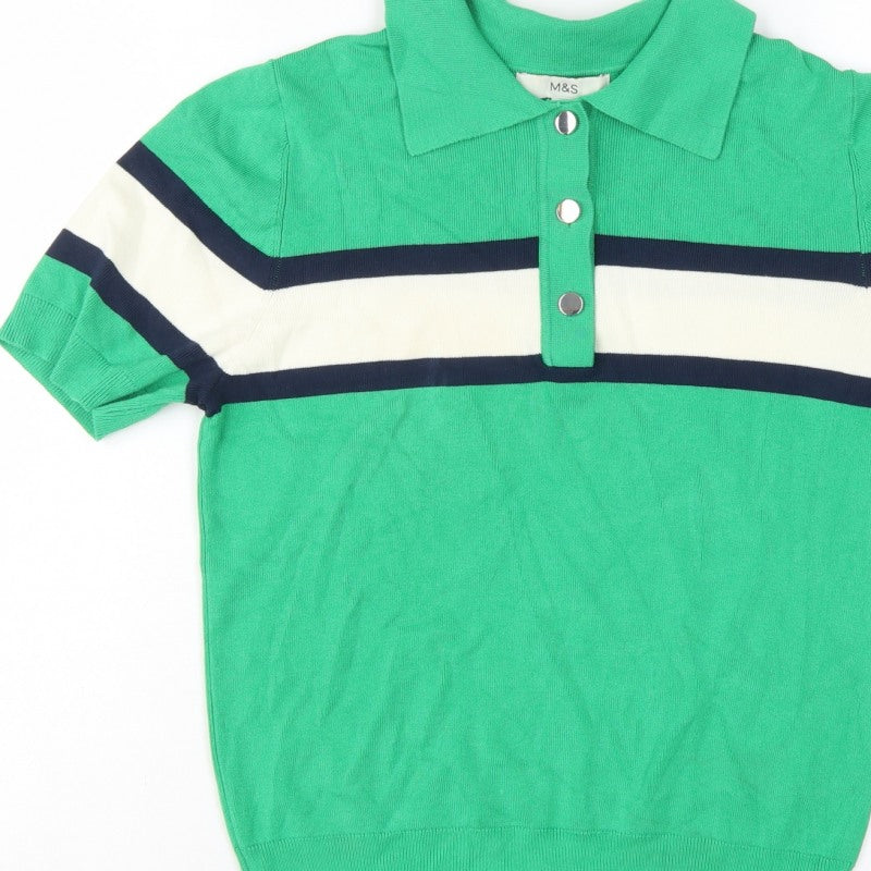 Marks & Spencer Women Green M Striped Knit Short Sleeve Polo Top