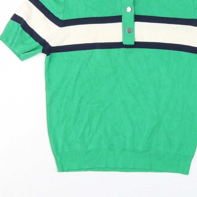 Marks & Spencer Women Green M Striped Knit Short Sleeve Polo Top