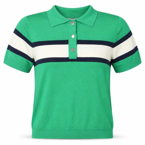 Marks & Spencer Women Green M Striped Knit Short Sleeve Polo Top