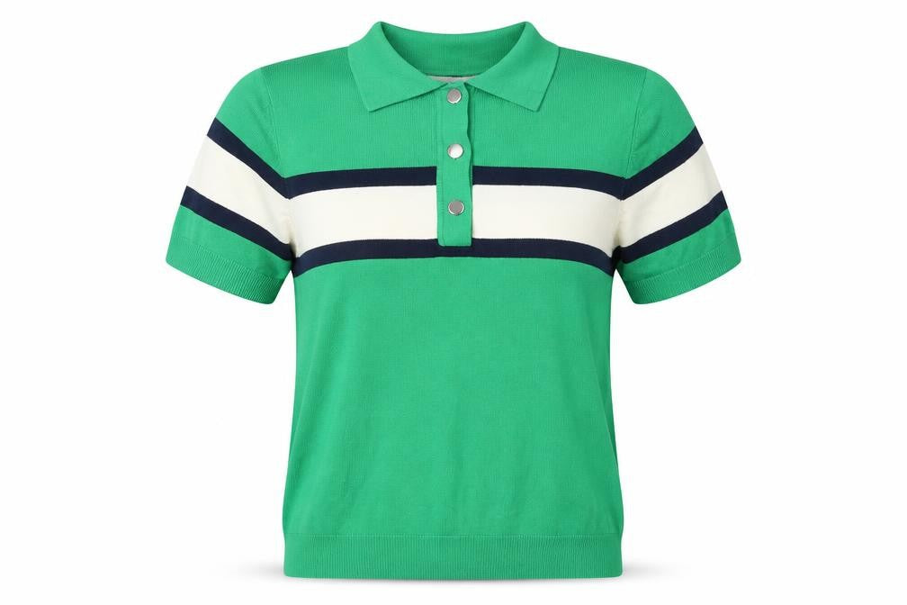 Marks & Spencer Women Green M Striped Knit Short Sleeve Polo Top