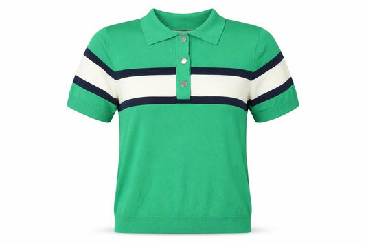 Marks & Spencer Women Green M Striped Knit Short Sleeve Polo Top
