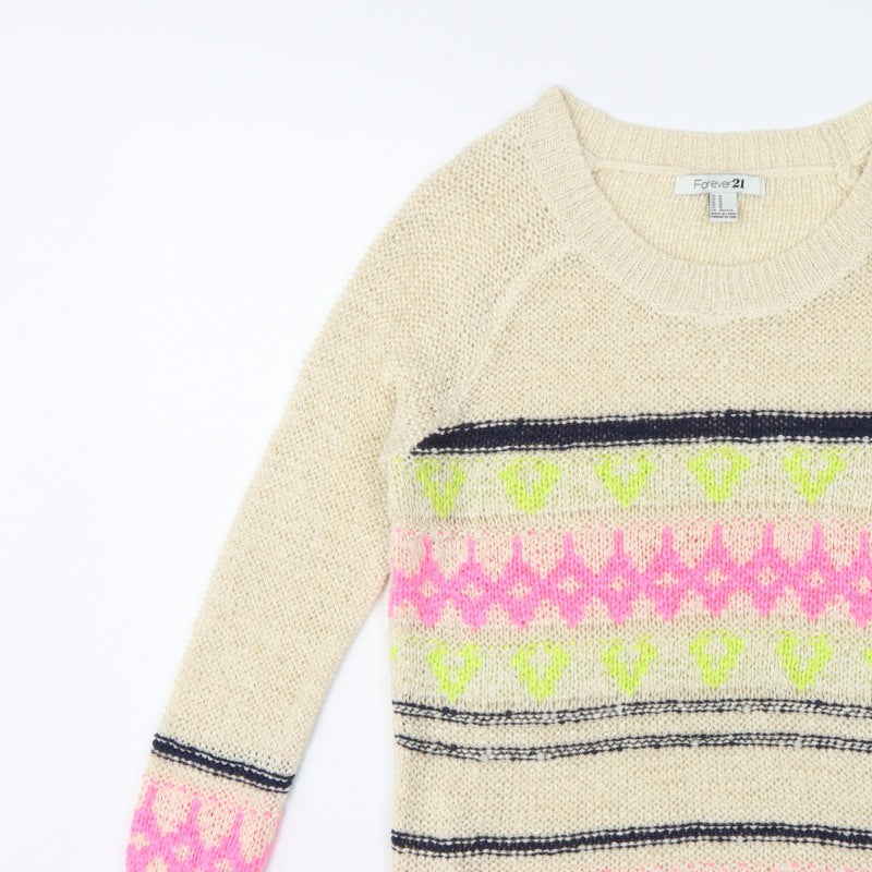 Forever 21 Women Beige M Geometric Open Knit Crew Neck Jumper