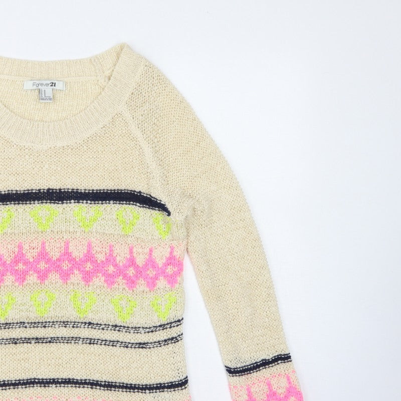 Forever 21 Women Beige M Geometric Open Knit Crew Neck Jumper