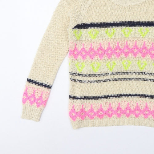 Forever 21 Women Beige M Geometric Open Knit Crew Neck Jumper