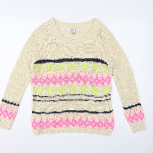 Forever 21 Women Beige M Geometric Open Knit Crew Neck Jumper