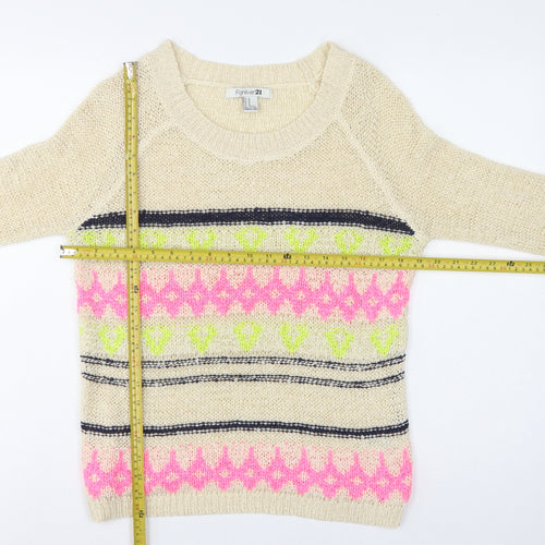 Forever 21 Women Beige M Geometric Open Knit Crew Neck Jumper
