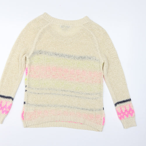 Forever 21 Women Beige M Geometric Open Knit Crew Neck Jumper