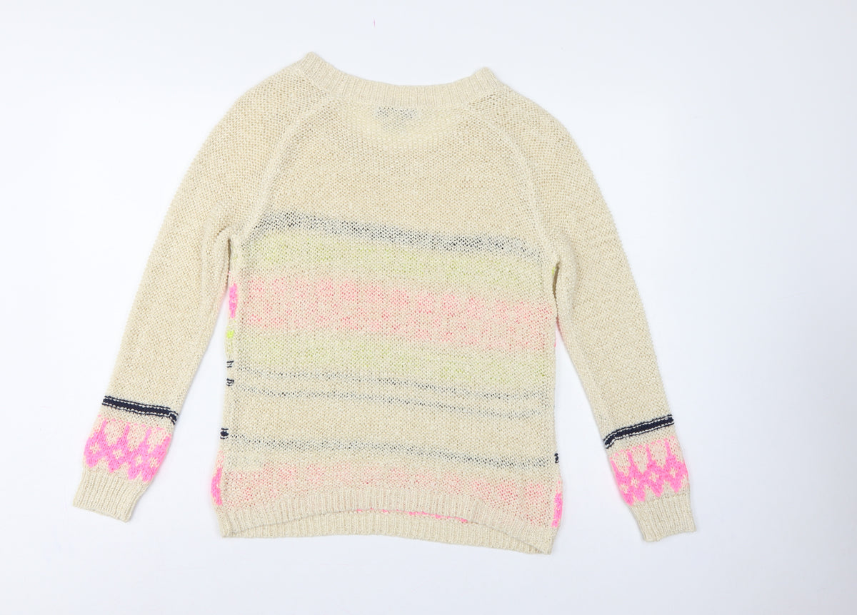 Forever 21 Women Beige M Geometric Open Knit Crew Neck Jumper
