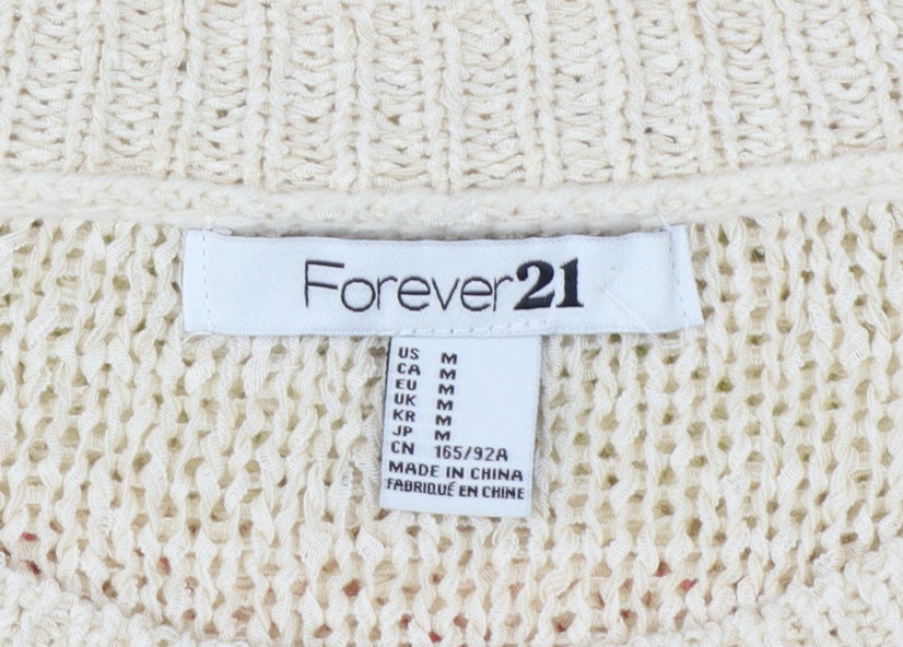 Forever 21 Women Beige M Geometric Open Knit Crew Neck Jumper