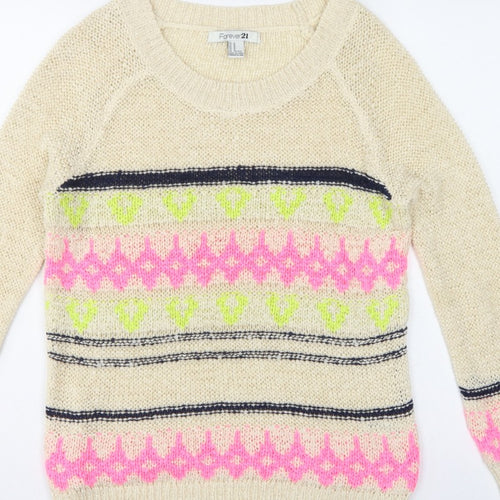 Forever 21 Women Beige M Geometric Open Knit Crew Neck Jumper