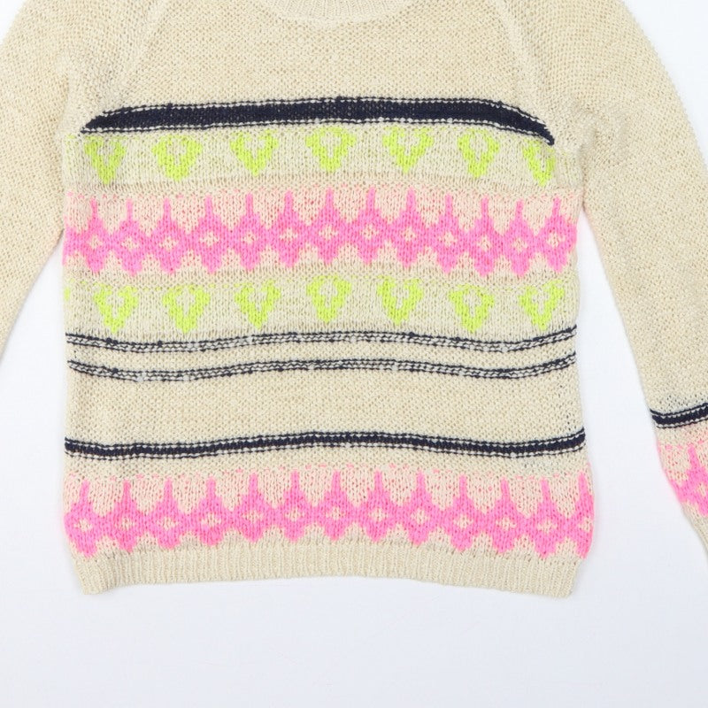 Forever 21 Women Beige M Geometric Open Knit Crew Neck Jumper