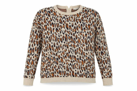 H&M Women Beige Leopard Print Cotton Knit Jumper UK 12 Crew Neck