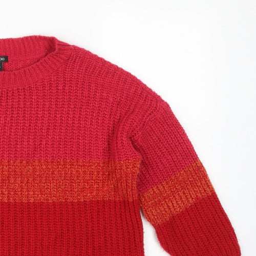 Boohoo Women Red Orange Stripe Chunky Knit Crew Neck Jumper M