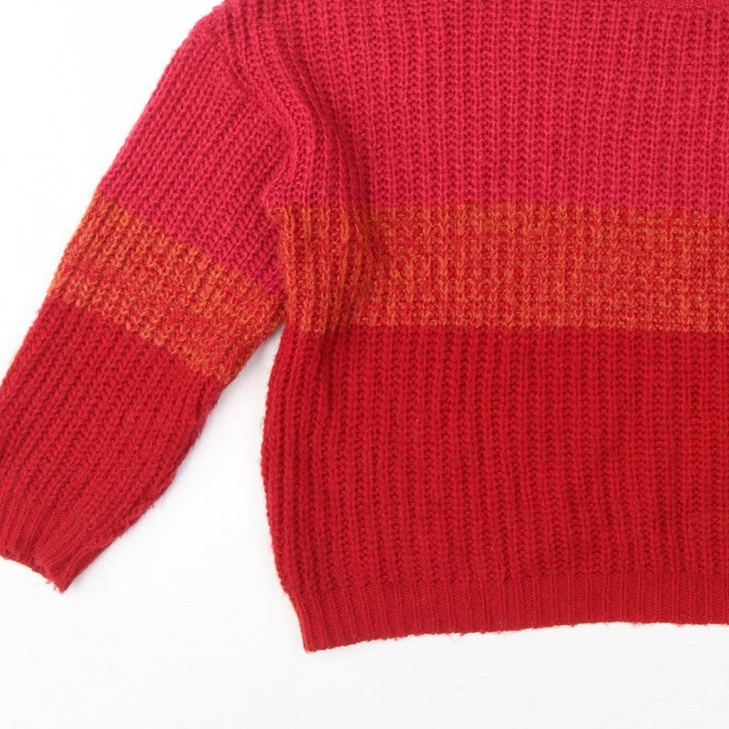 Boohoo Women Red Orange Stripe Chunky Knit Crew Neck Jumper M