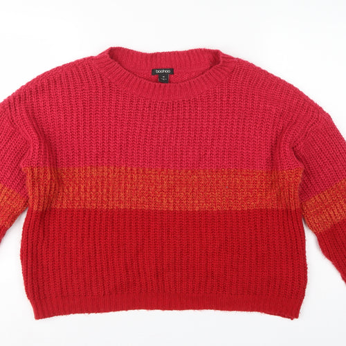 Boohoo Women Red Orange Stripe Chunky Knit Crew Neck Jumper M