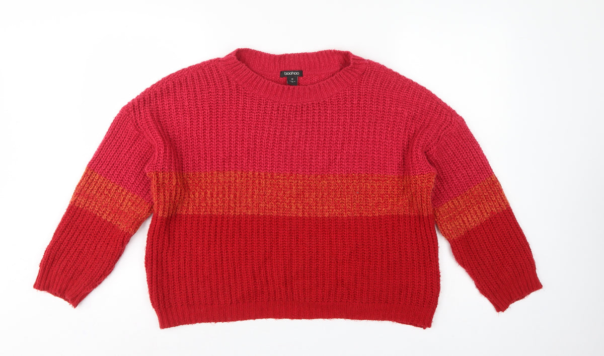 Boohoo Women Red Orange Stripe Chunky Knit Crew Neck Jumper M