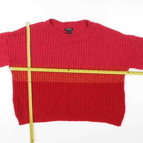 Boohoo Women Red Orange Stripe Chunky Knit Crew Neck Jumper M