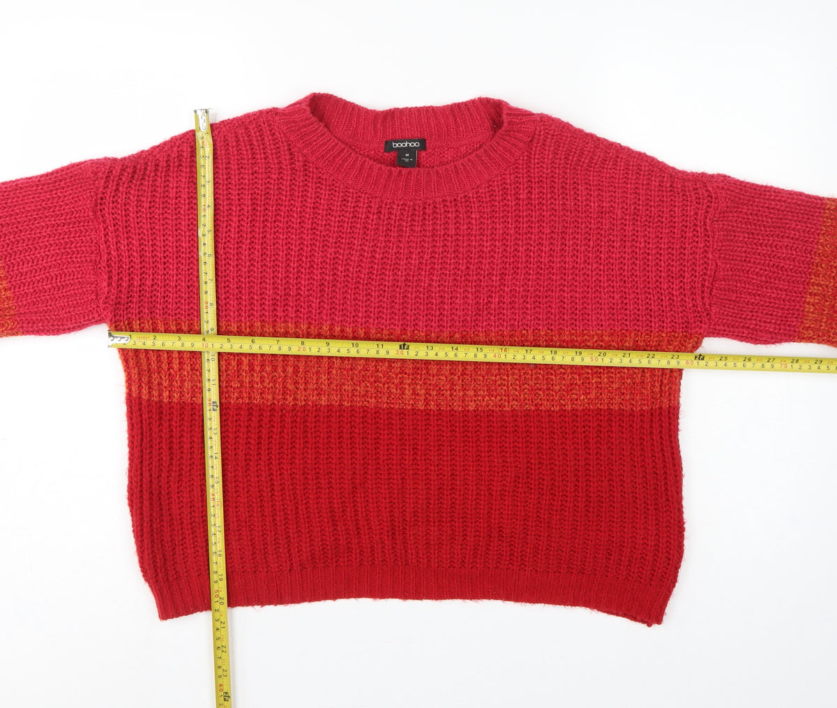 Boohoo Women Red Orange Stripe Chunky Knit Crew Neck Jumper M