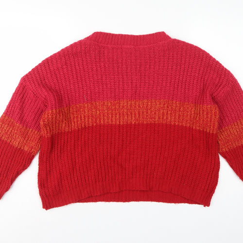 Boohoo Women Red Orange Stripe Chunky Knit Crew Neck Jumper M