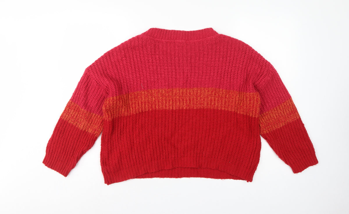 Boohoo Women Red Orange Stripe Chunky Knit Crew Neck Jumper M
