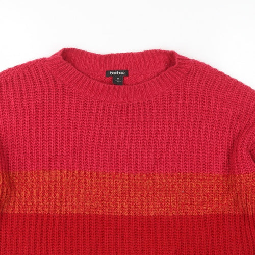 Boohoo Women Red Orange Stripe Chunky Knit Crew Neck Jumper M