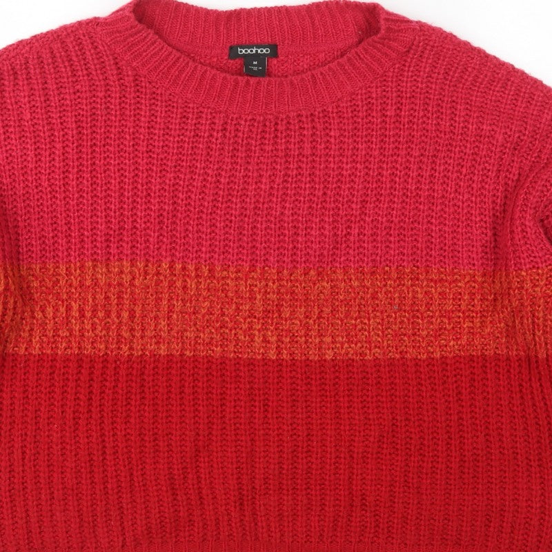 Boohoo Women Red Orange Stripe Chunky Knit Crew Neck Jumper M