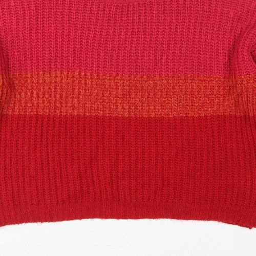 Boohoo Women Red Orange Stripe Chunky Knit Crew Neck Jumper M