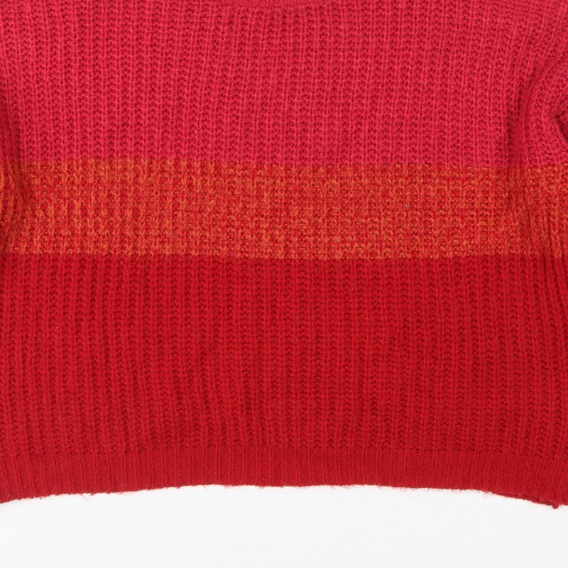 Boohoo Women Red Orange Stripe Chunky Knit Crew Neck Jumper M