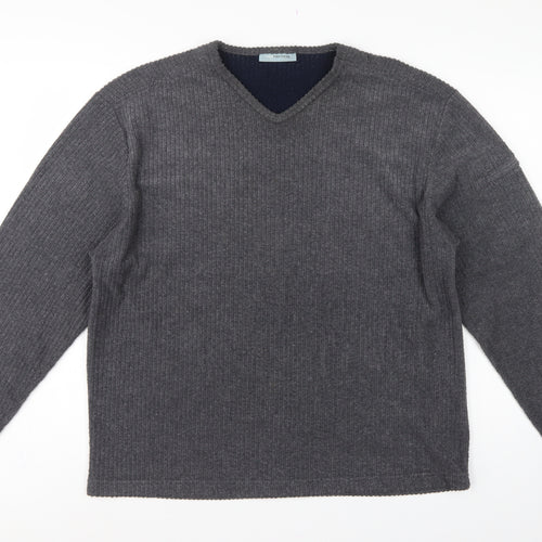 Red Herring Men’s Grey L V-Neck Ribbed Knit Pullover Jumper