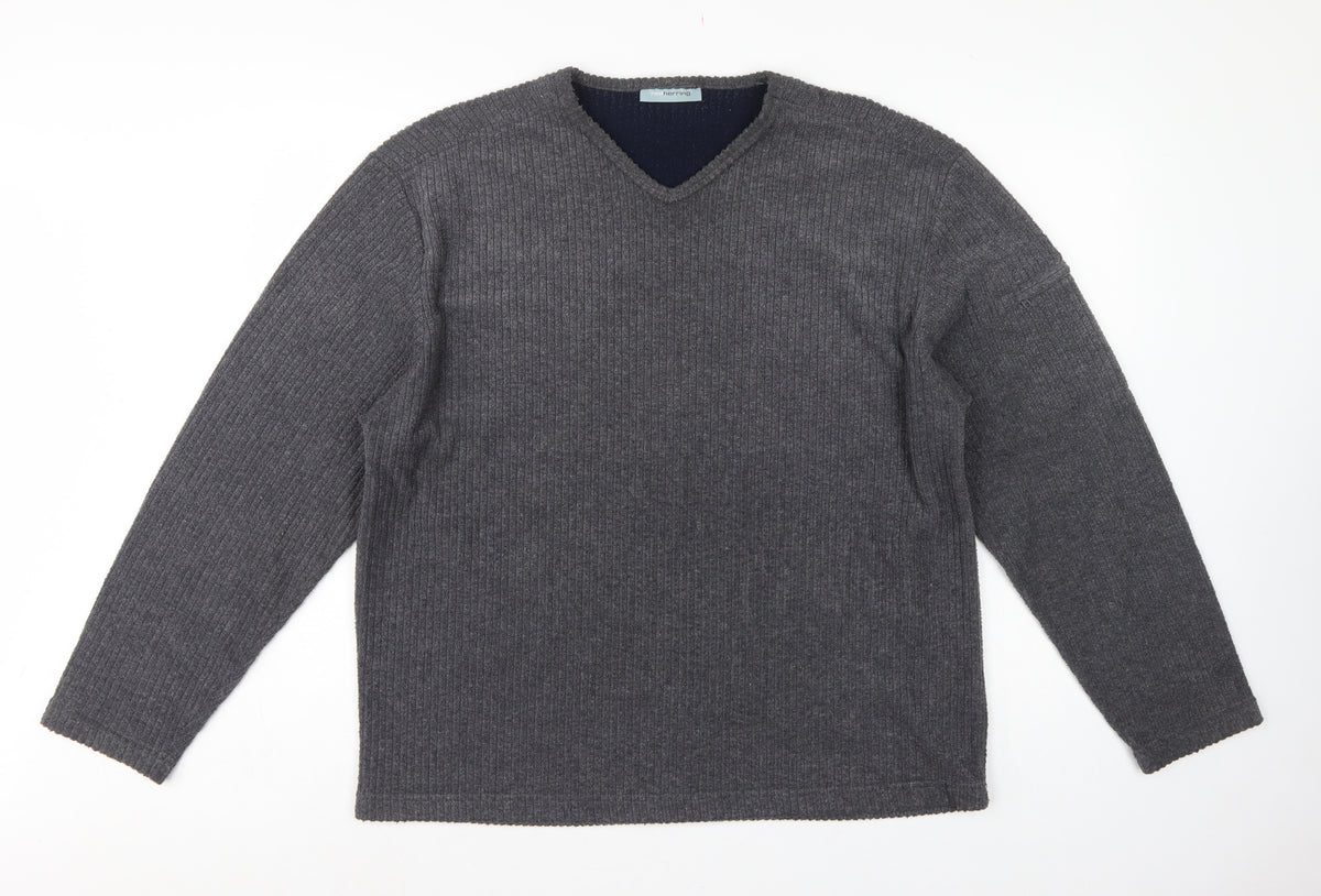 Red Herring Men’s Grey L V-Neck Ribbed Knit Pullover Jumper