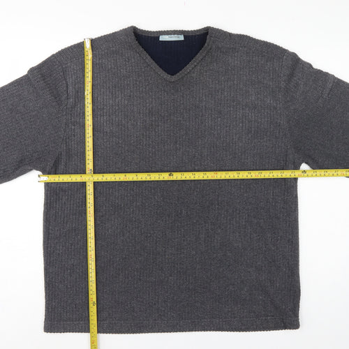 Red Herring Men’s Grey L V-Neck Ribbed Knit Pullover Jumper