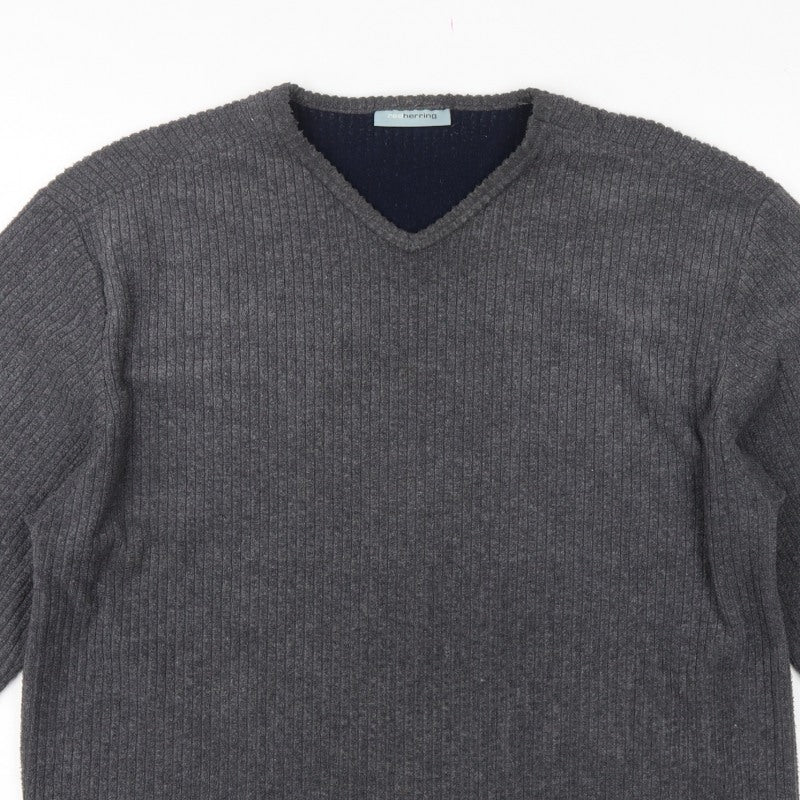 Red Herring Men’s Grey L V-Neck Ribbed Knit Pullover Jumper
