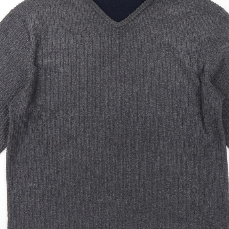 Red Herring Men’s Grey L V-Neck Ribbed Knit Pullover Jumper