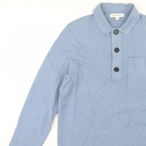 Autograph Men’s Blue M Henley Collared Knit Jumper Pocket