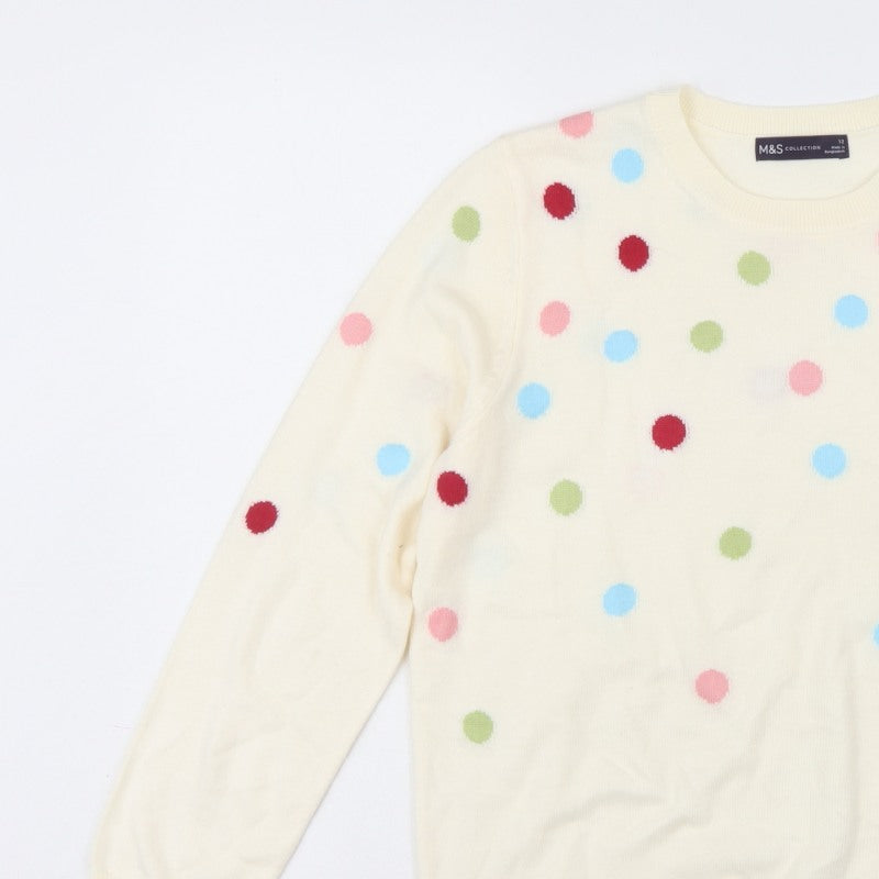 Marks and Spencer Women Ivory Polka Dot Crew Neck Jumper UK 12