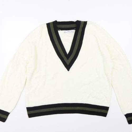 MNG Women’s Ivory S V-Neck Striped Trim Knit Pullover Jumper