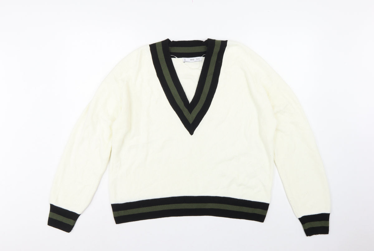 MNG Women’s Ivory S V-Neck Striped Trim Knit Pullover Jumper