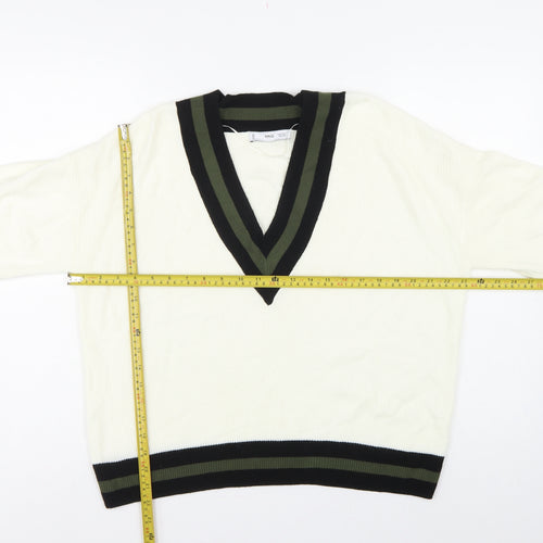 MNG Women’s Ivory S V-Neck Striped Trim Knit Pullover Jumper
