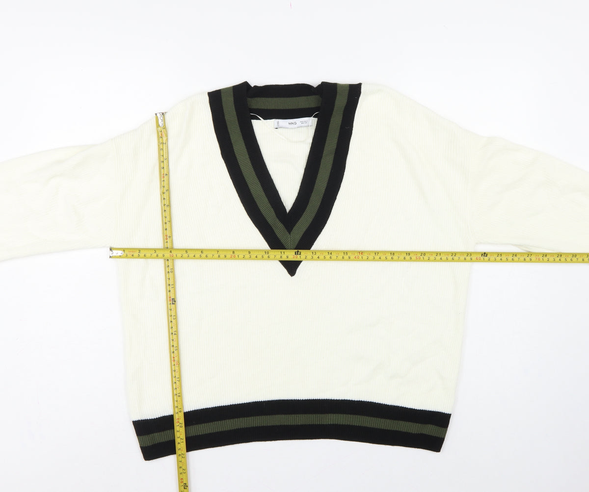 MNG Women’s Ivory S V-Neck Striped Trim Knit Pullover Jumper