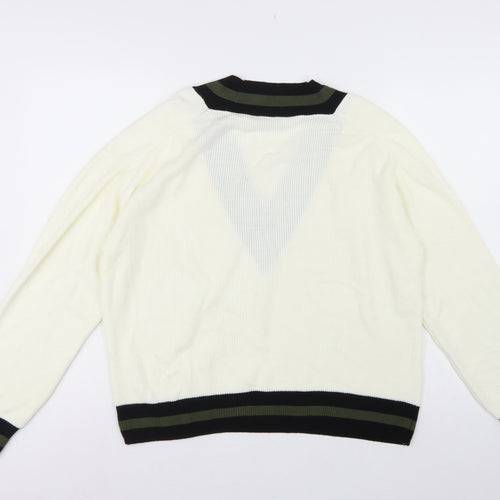 MNG Women’s Ivory S V-Neck Striped Trim Knit Pullover Jumper