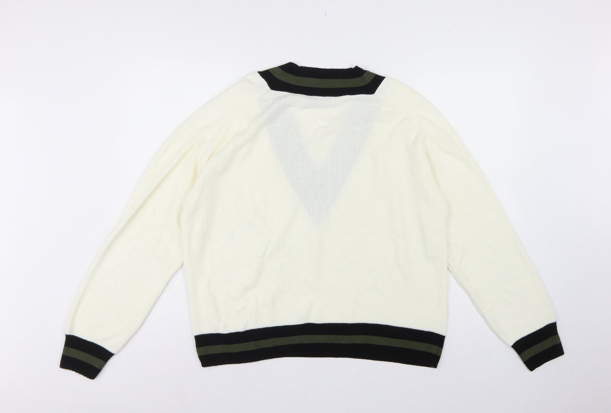 MNG Women’s Ivory S V-Neck Striped Trim Knit Pullover Jumper