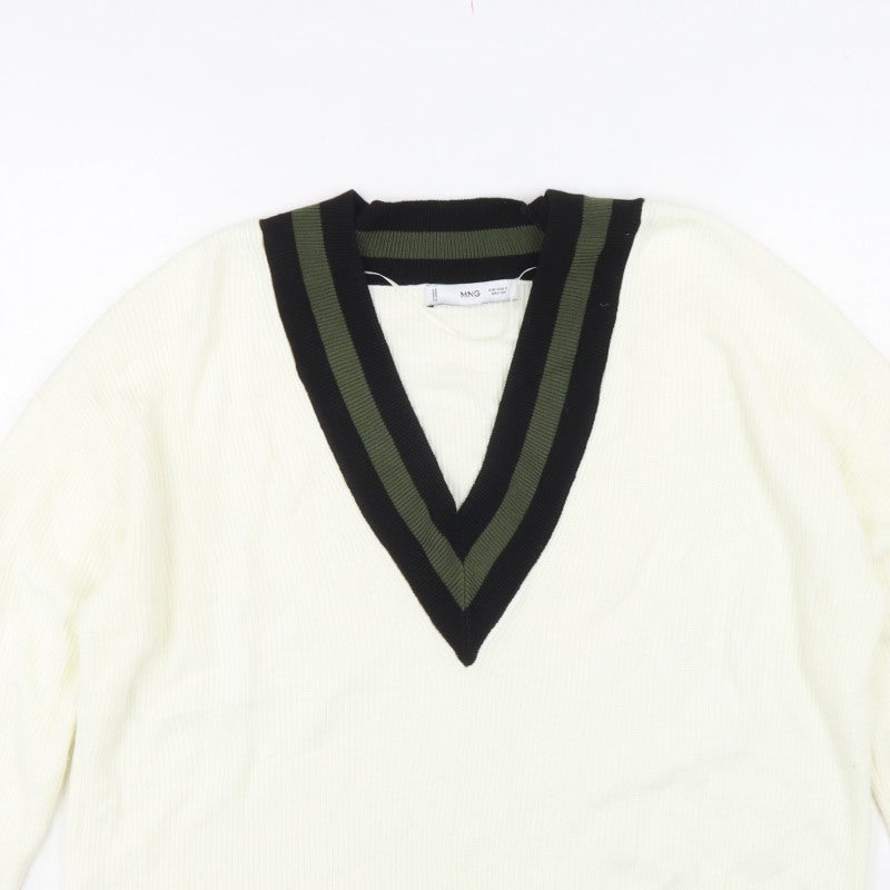 MNG Women’s Ivory S V-Neck Striped Trim Knit Pullover Jumper